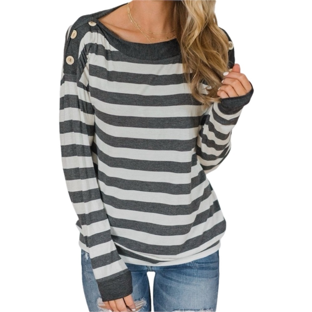 NWT 12 PM by Mon Ami Long Sleeve Striped Top -‎ Charcoal & Ivory M